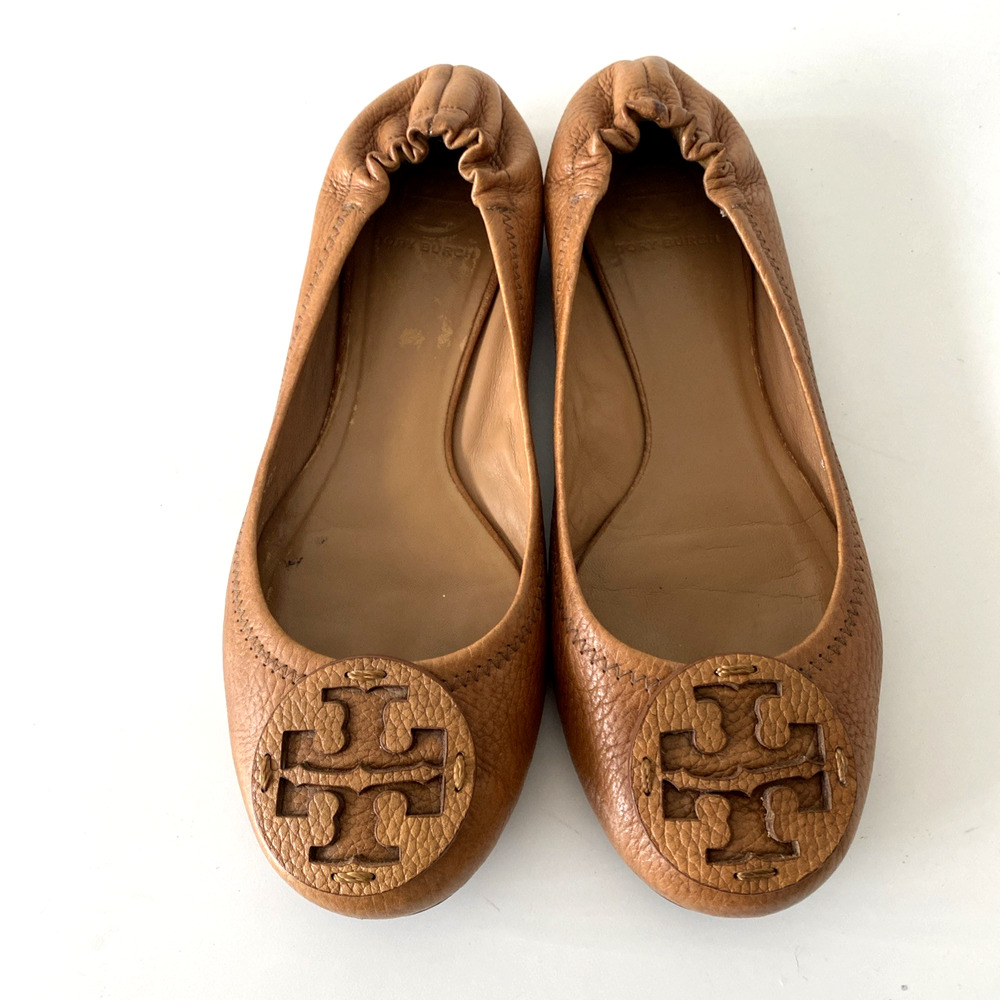 TORY BURCH Classic Minnie Ballet Flat Brown Leather Logo Slip On Round Toe Tan 9 - Picture 4 of 9